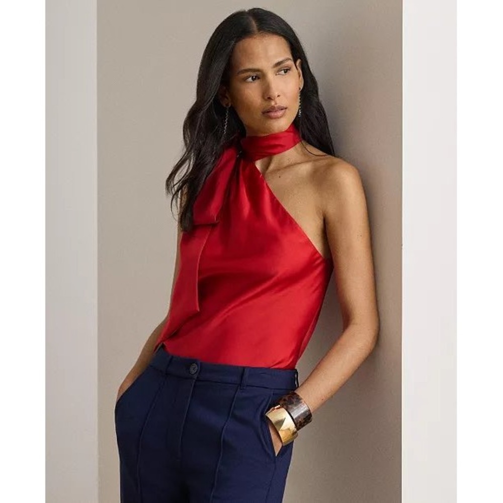Lauren Ralph Lauren Red Satin One-Shoulder Scarf Halter Top NWT 12